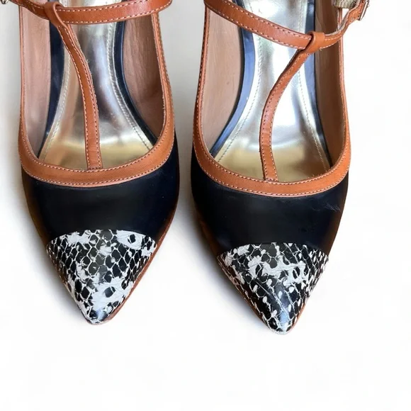 ⭐️ Coach Black Tan Slingback Heels T-Strap with Chunky Heel Size 8B - Picture 13 of 14